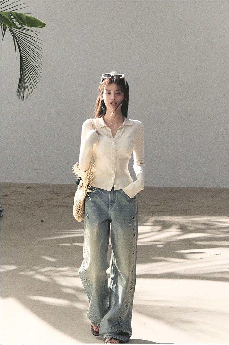 Washed Straight-Leg Wide Denim Pants