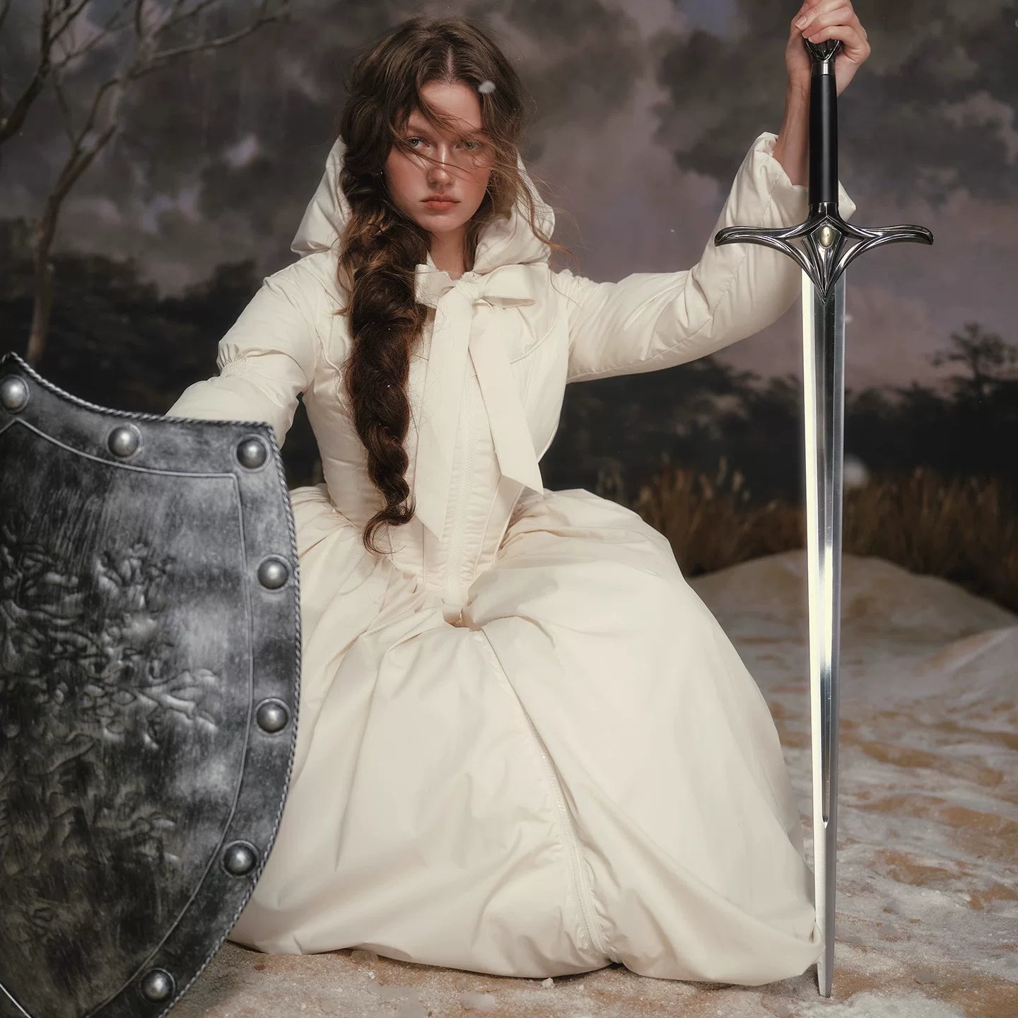 French Tailored Cinched-Waist Long Down Coat