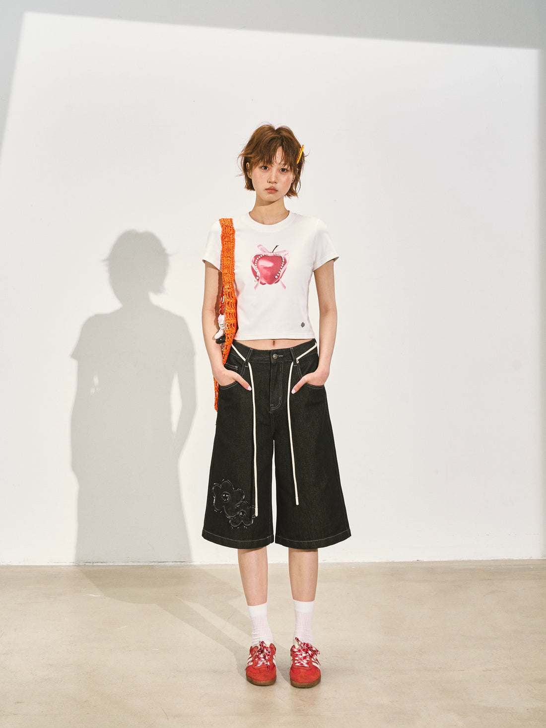 Original Color Raw-edge Floral Denim Shorts