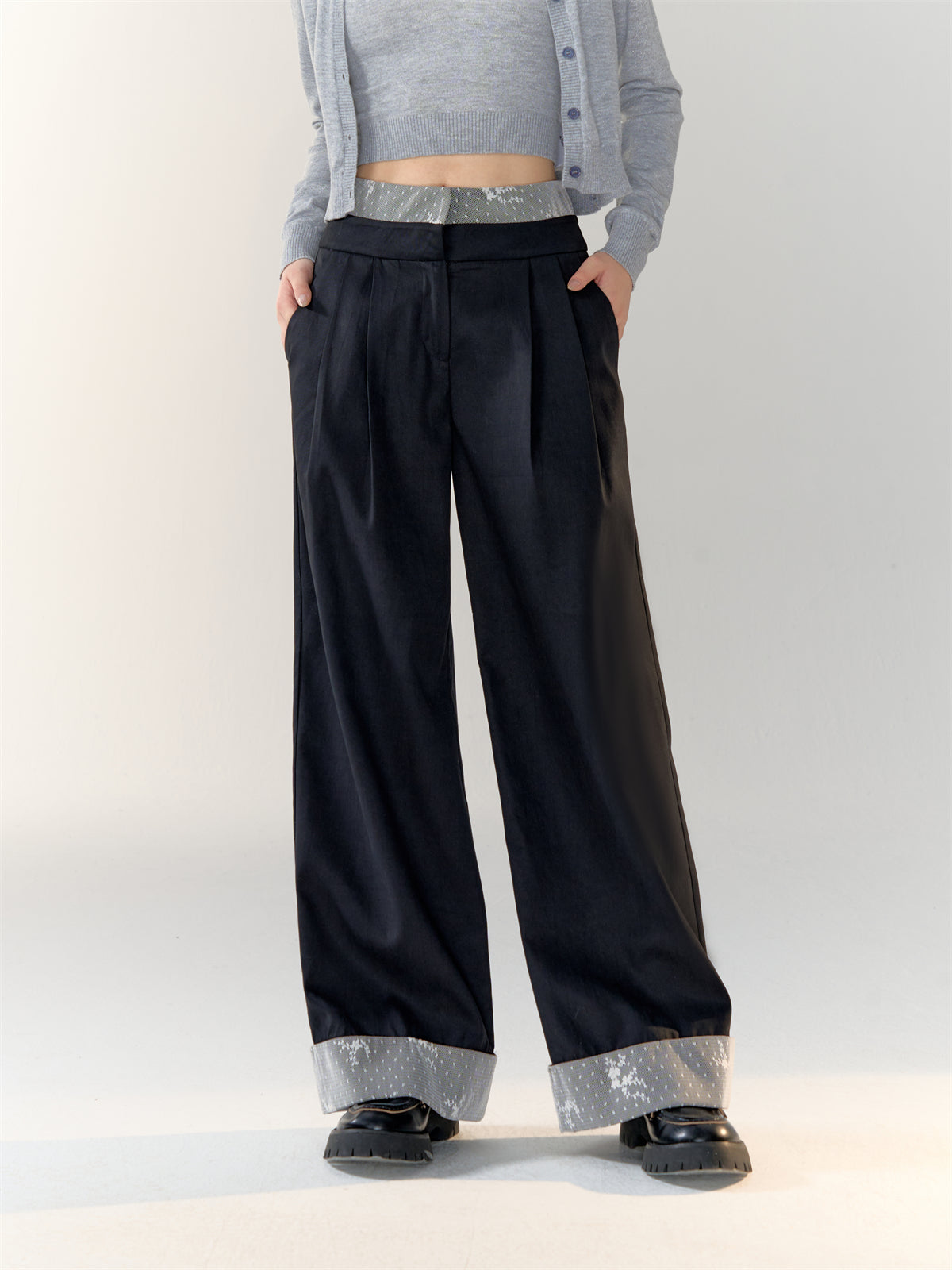 Lace-Patchwork Pleated Straight-leg Suit Pants