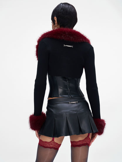 Fur-Collar Knit Cape &amp; Fuzzy Bodycon Skirt Set