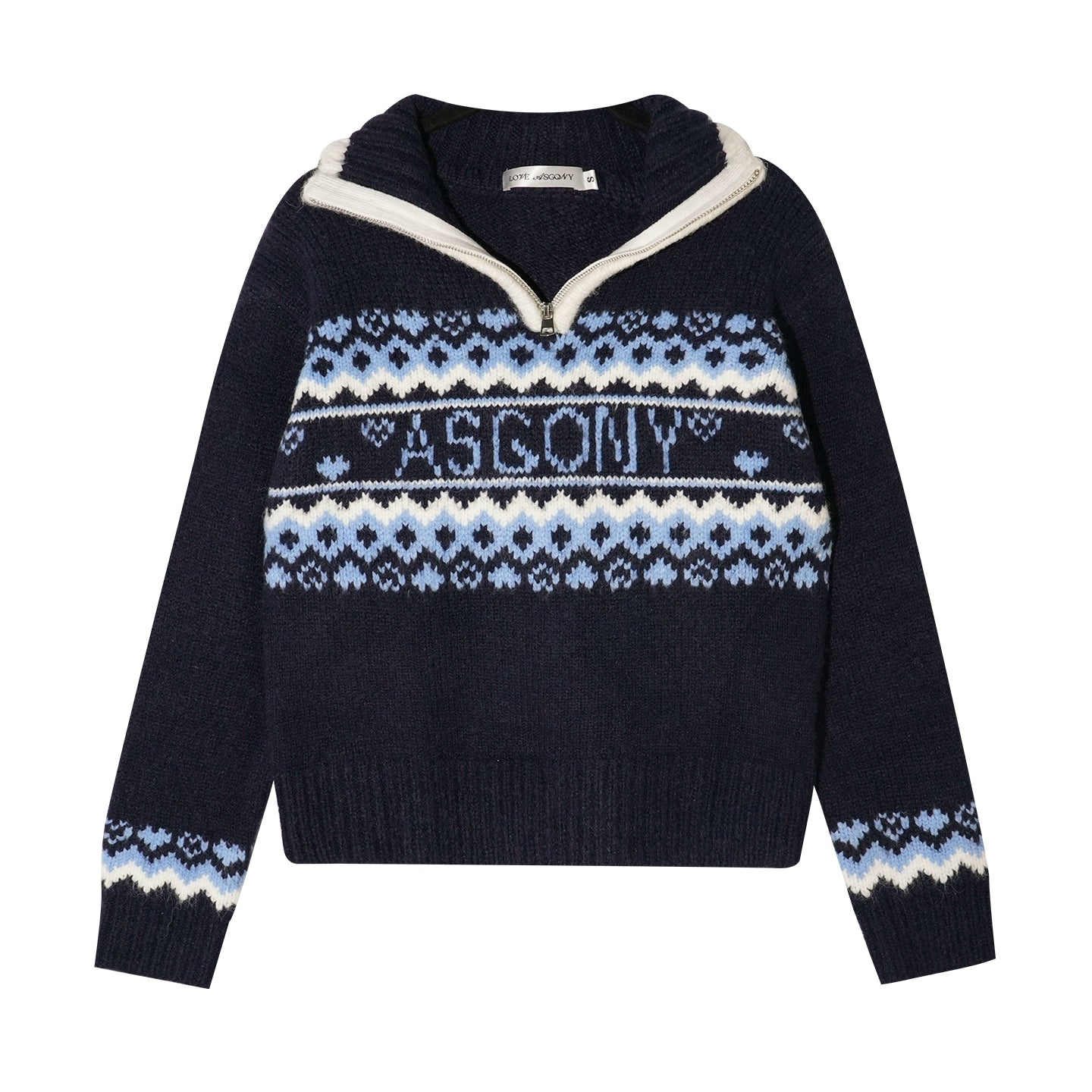 Fair Isle Heart Zip-Up Matching Hat Knit Sweater