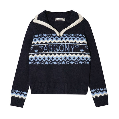 Fair Isle Heart Zip-Up Matching Hat Knit Sweater