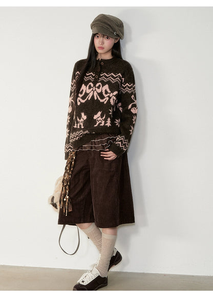 Fair Isle Bow Knit Henley Crewneck