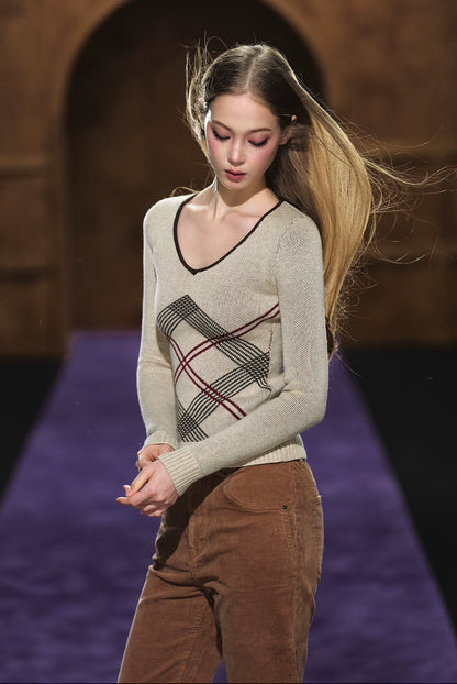 Vintage Check Contrast Slim-Fit Knit Crewneck