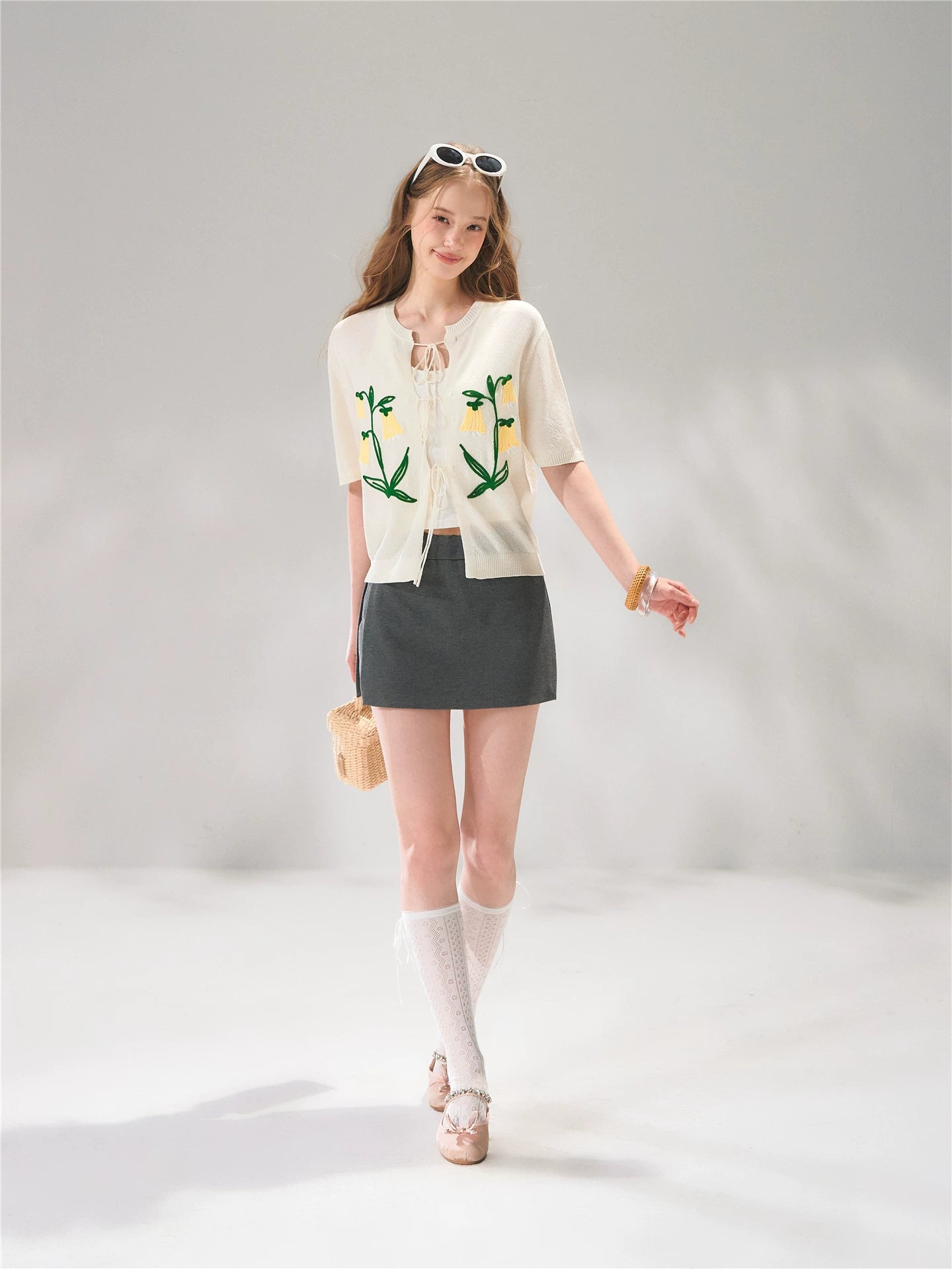 Floral Embroidered Tie-Front Knit Cardigan