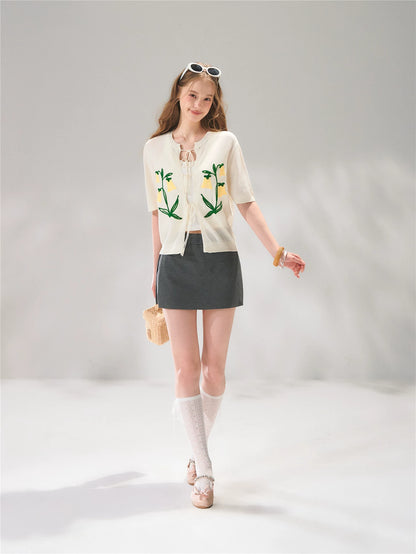 Floral Embroidered Tie-Front Knit Cardigan
