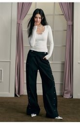 Black Bead-Embellished Wide-Leg Pants - CHINASQUAD