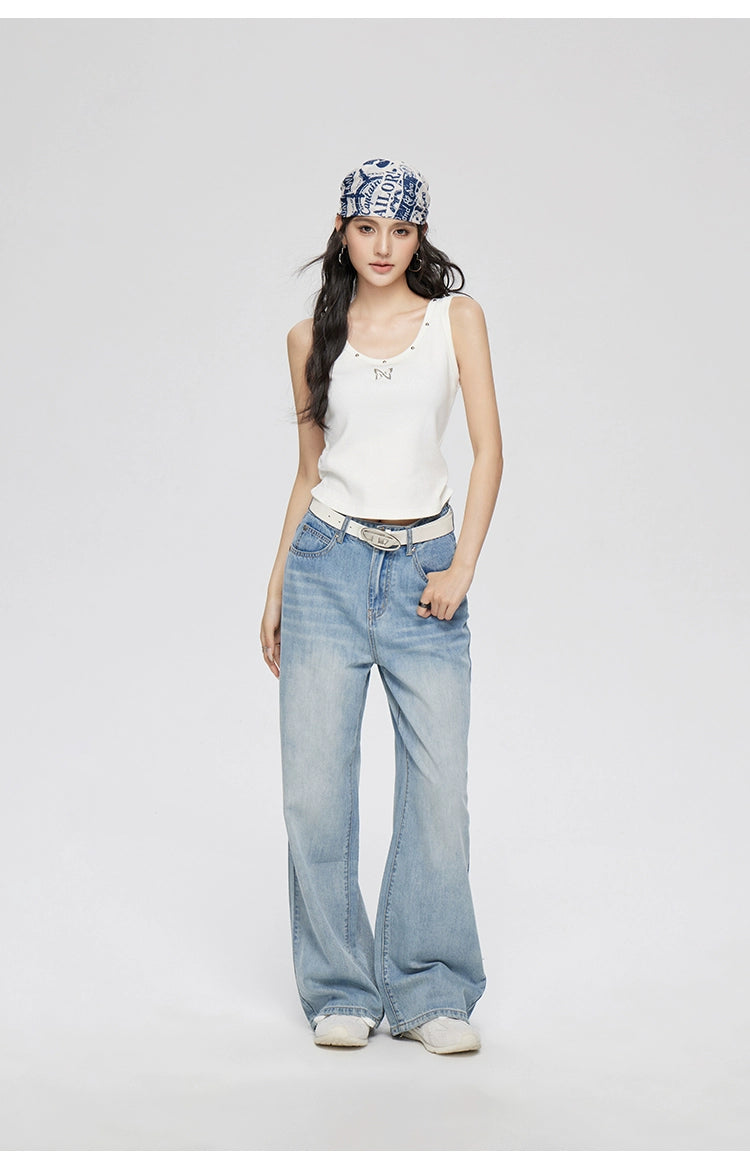 Blue Lyocell Tencel Jeans Wide-Leg Pants