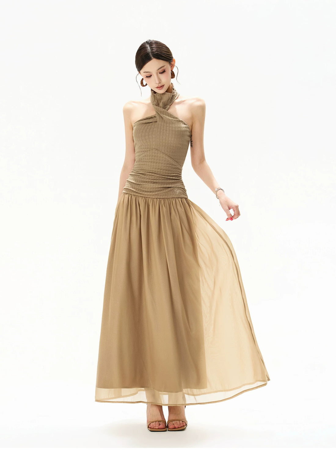 French Court Halter Draped Knit Maxi Dress