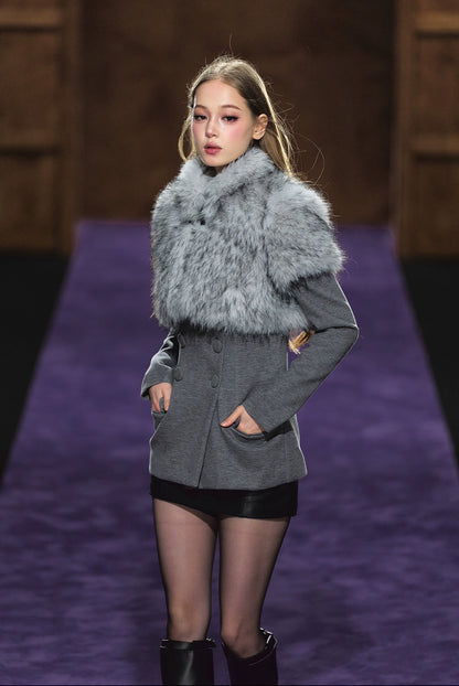 Faux Fur Collar Layered Double-Breasted Blazer Set