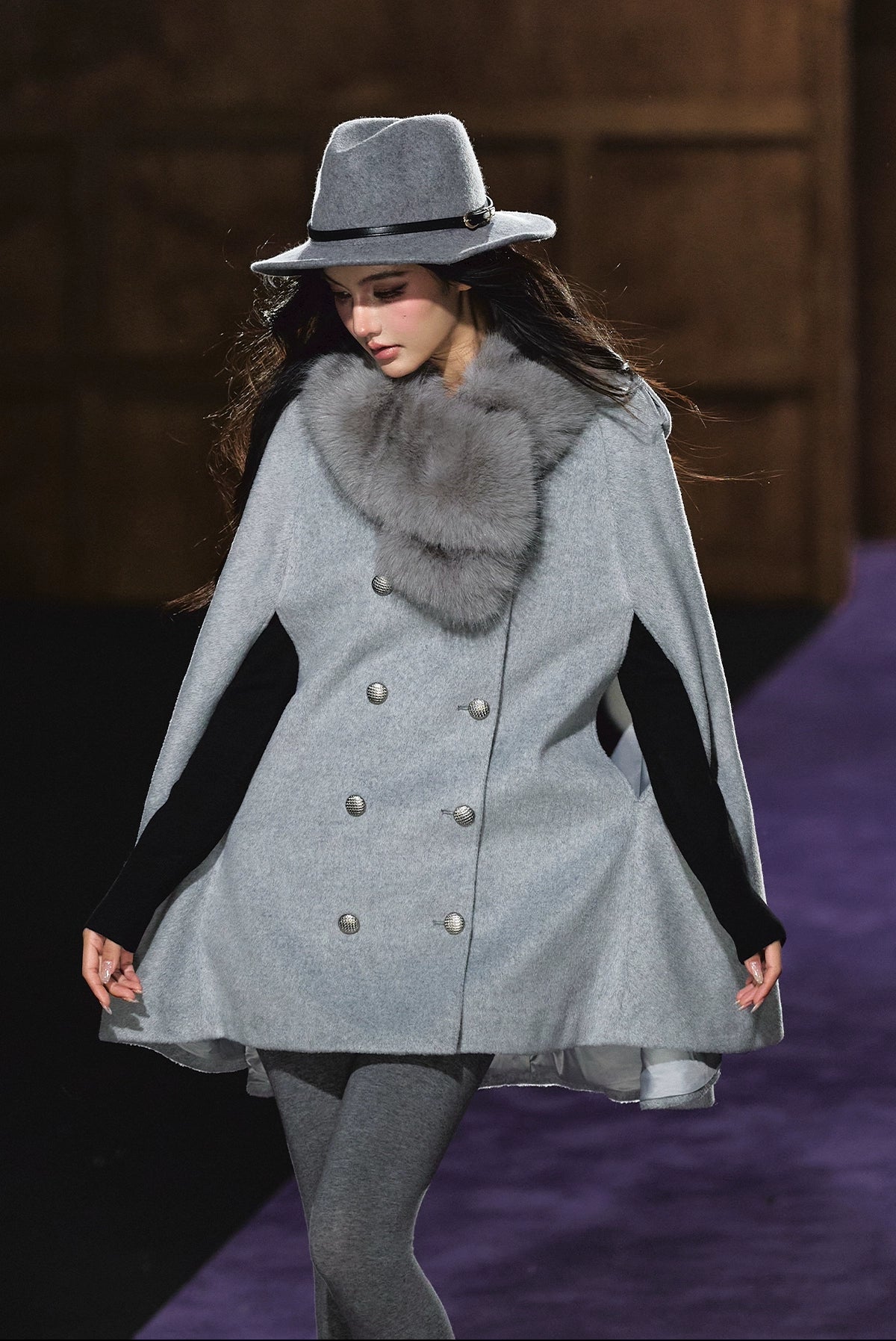 Wool-Blend Detachable Fur-Collar Cape Coat