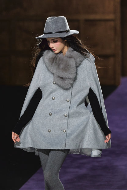 Wool-Blend Detachable Fur-Collar Cape Coat