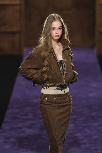 Corduroy Fur-Collar Jacket &amp; Skirt Set