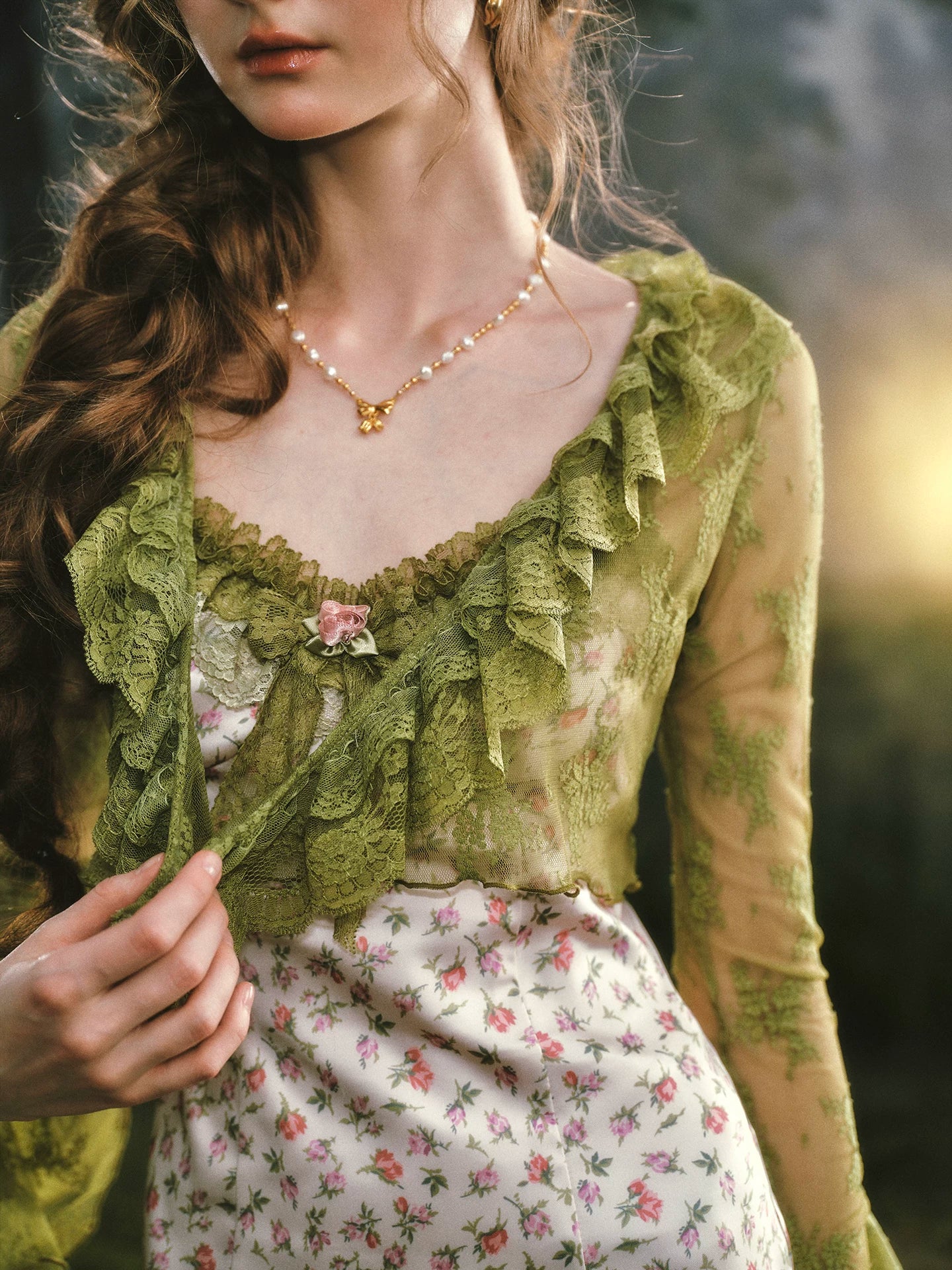 Enchanted Garden Satin Floral Dress &amp; Lace Cardigan Set