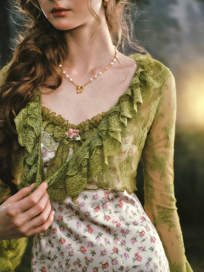 Enchanted Garden Satin Floral Dress &amp; Lace Cardigan Set