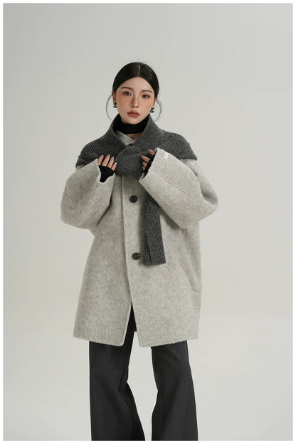 Knitted Hooded Scarf Mid-Length Wool Coat