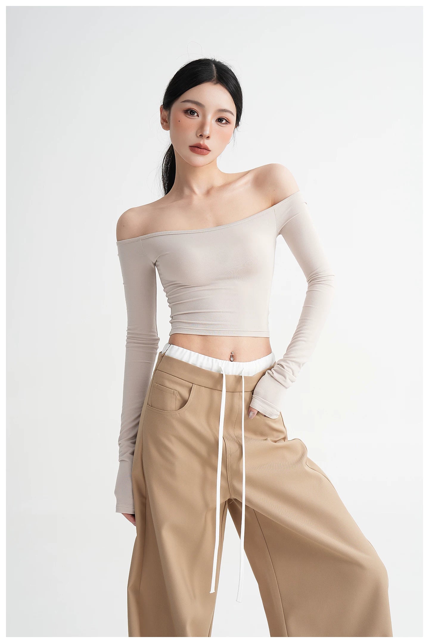 Off-Shoulder Cropped Fitted Long Sleeve T-Shirt