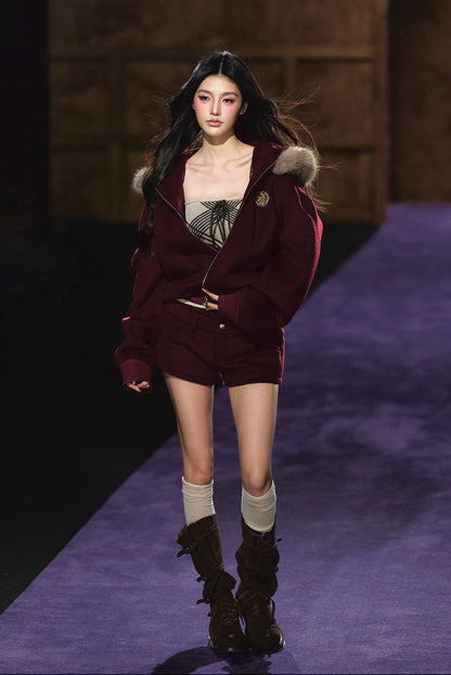 Wool-Blend Faux Fur Hooded Fleece Two-Piece Set