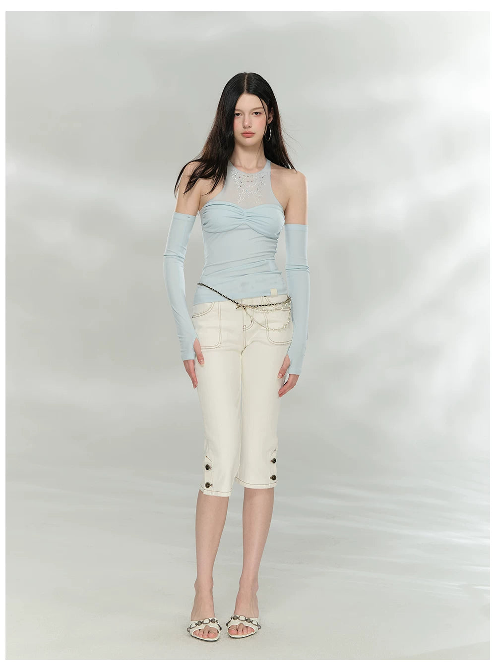 Detachable Mesh Panel Halter T-Shirt