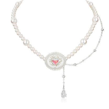 Silver Opal Heart &amp; Pearl Necklace