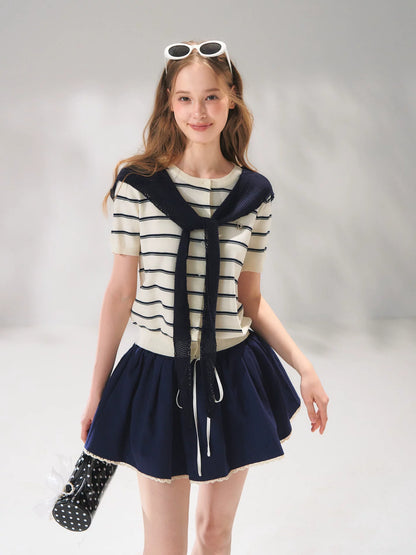 Sailor Tie-Detail Striped Knit Short Sleeve Top