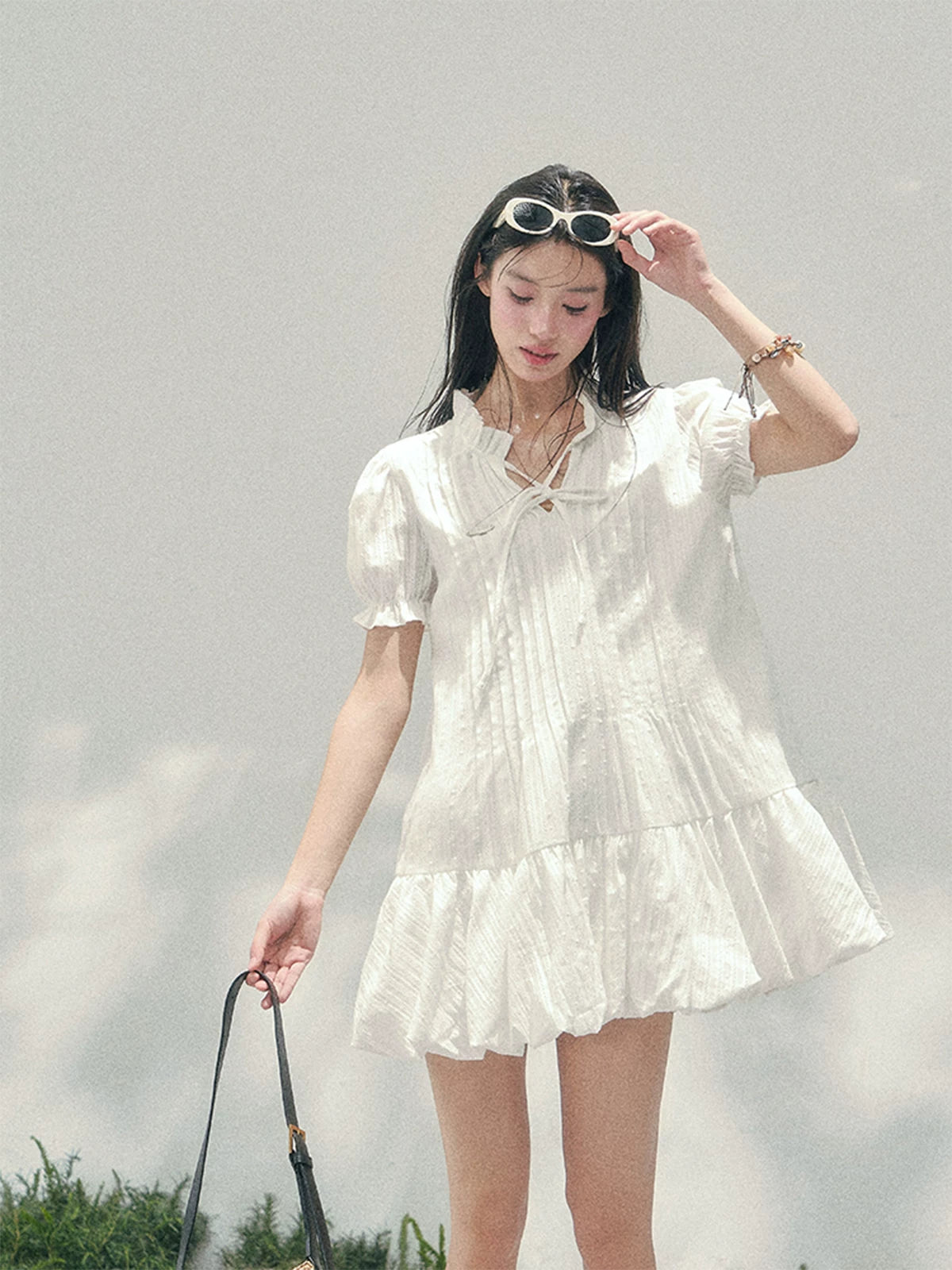 Soft Pleated Puff-Sleeve Mini Dress