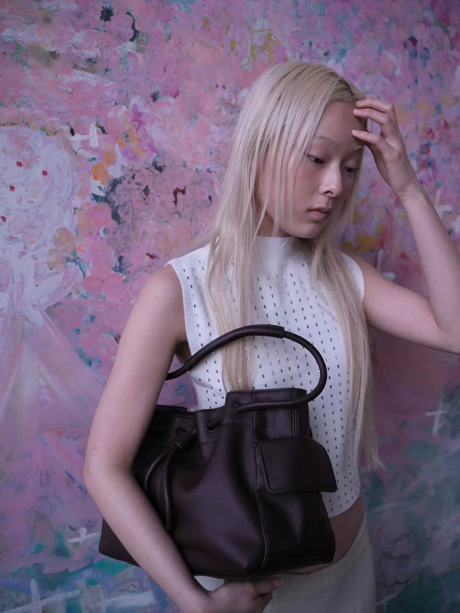 Pebbled Leather Drawstring Cloud Shoulder Bag ECODAY