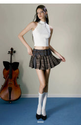 Grey & Brown Plaid Pleated Mini Skirt - CHINASQUAD