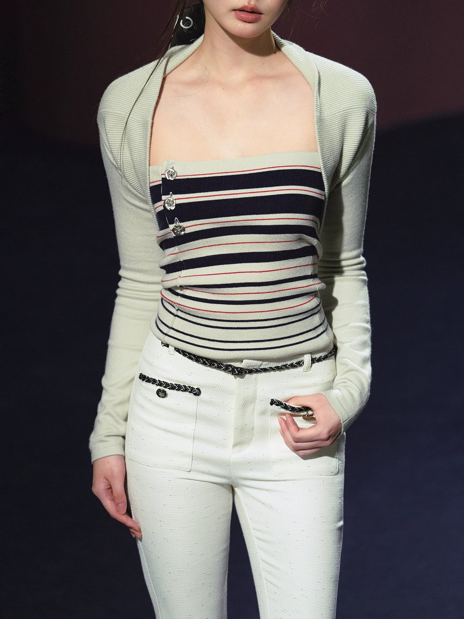 Striped Contrast Hand-Sewn Button Tube Top &amp; Shrug Set - CHINASQUAD