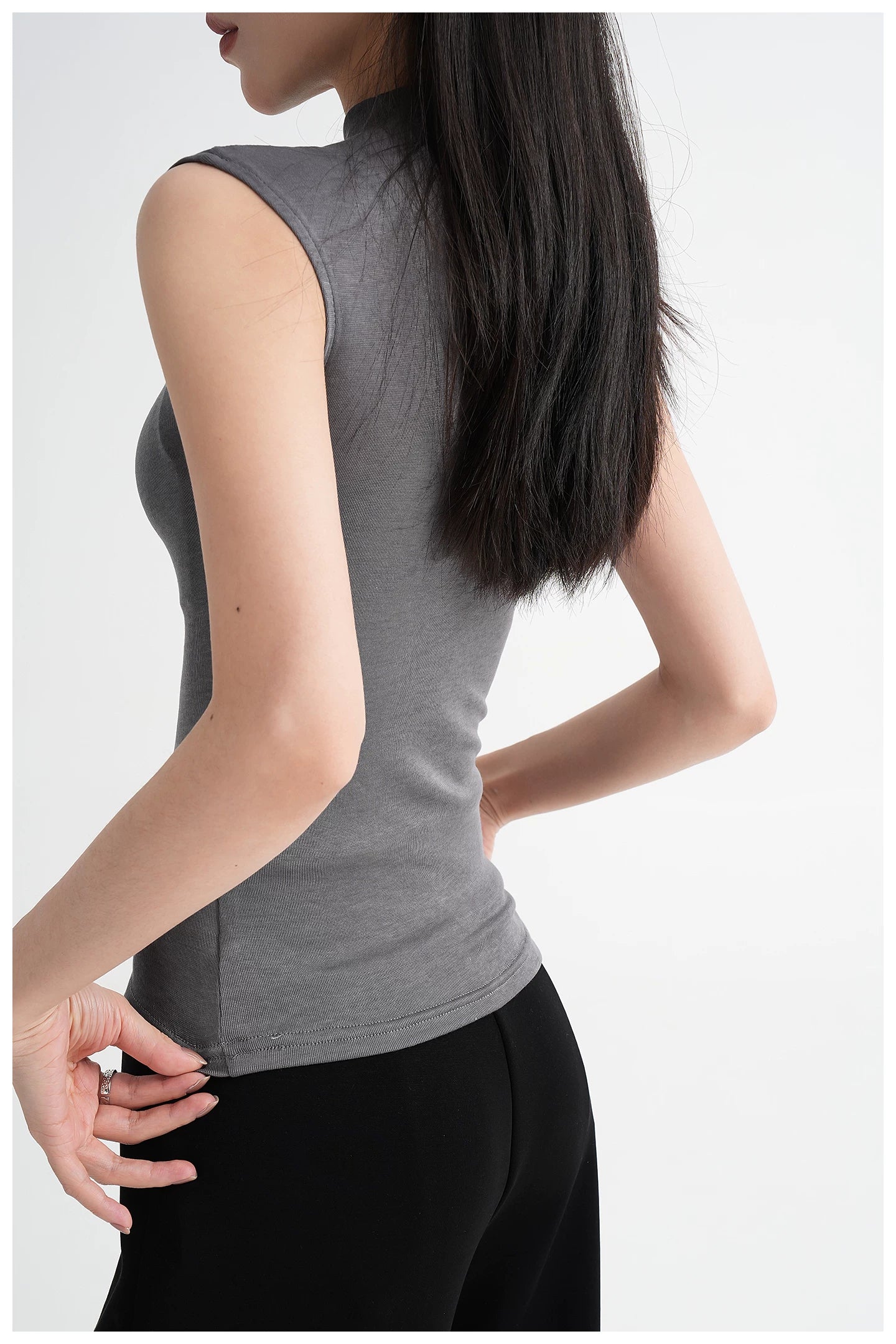 Silk Lyocell High-Neck Sleeveless Fitted T-Shirt