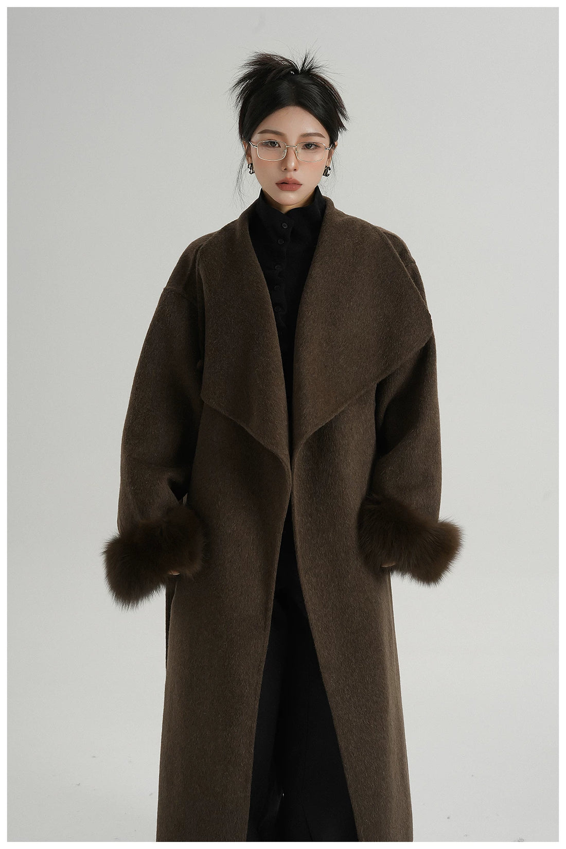 Elegant Fox-Fur Sleeve Long Wool Coat