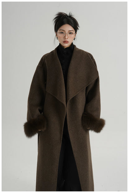 Elegant Fox-Fur Sleeve Long Wool Coat