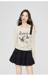 Gray & Beige Hollow Off-shoulder Long Sleeve T-shirt - CHINASQUAD