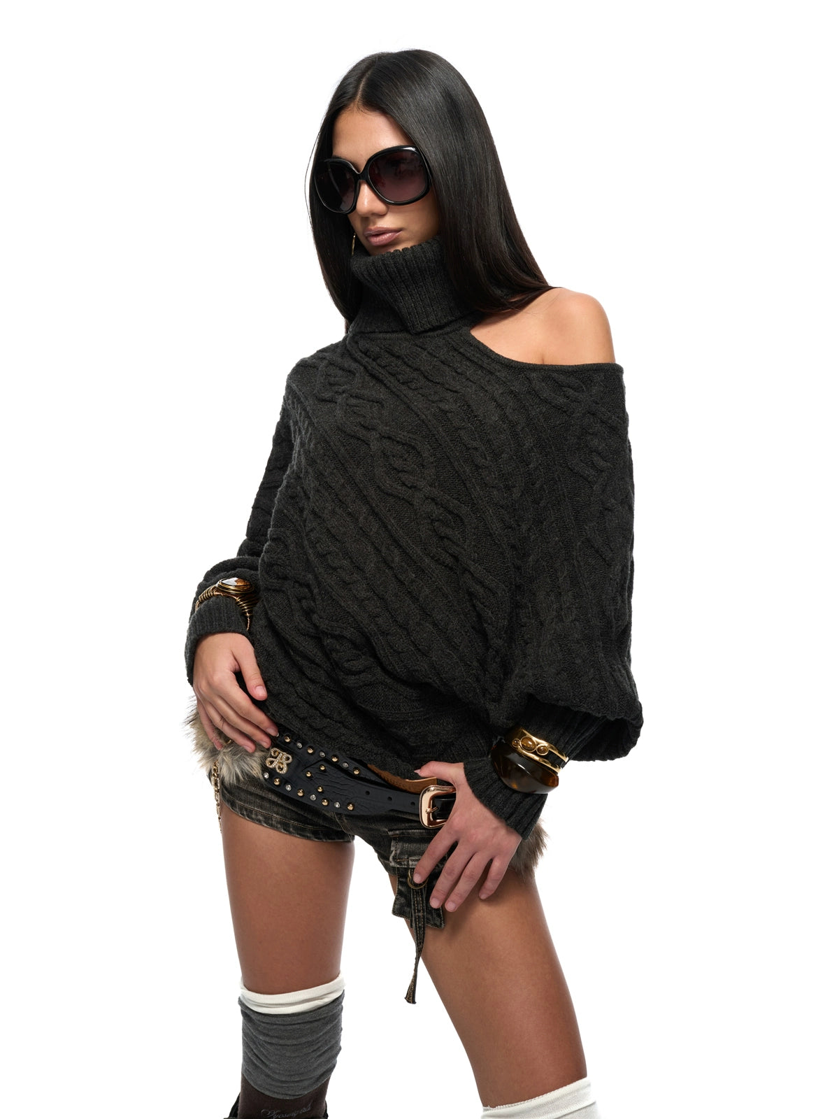 Wool-Blend Batwing Cable Knit Sweater