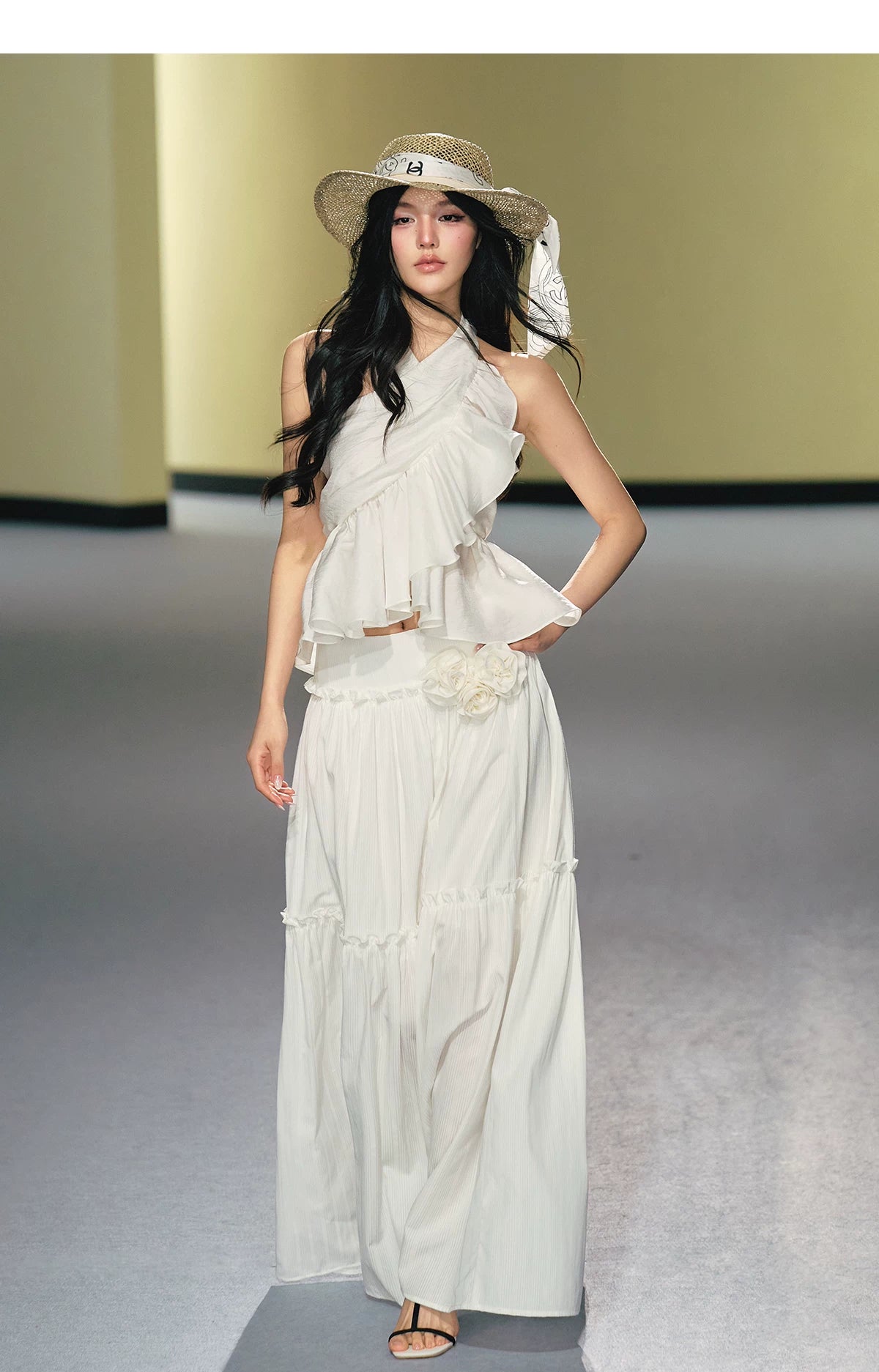 Lyocell Satin Ruffle Halter Top &amp; Floral Maxi Skirt Set