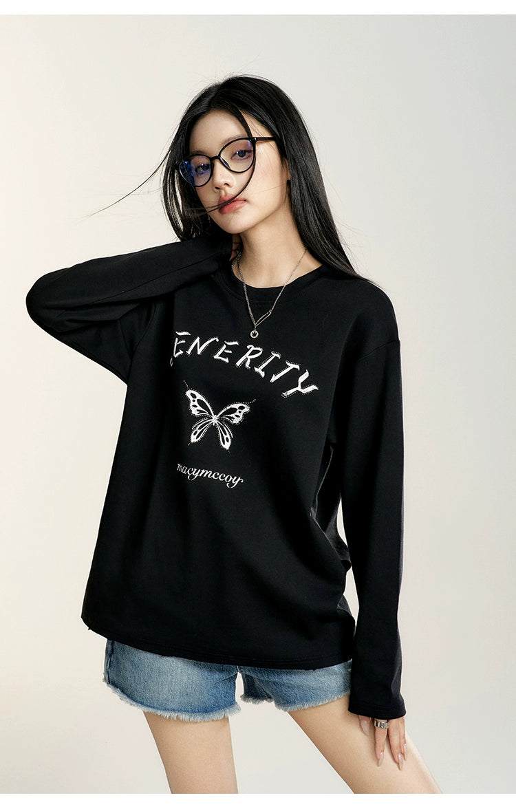 Black &amp; White Rhinestone Butterfly Long-sleeve T-shirt