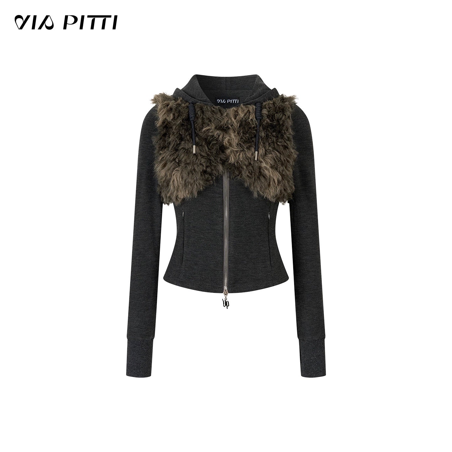 Faux Fur Drawstring Zip-up Hoodie