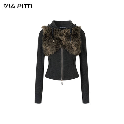 Faux Fur Drawstring Zip-up Hoodie
