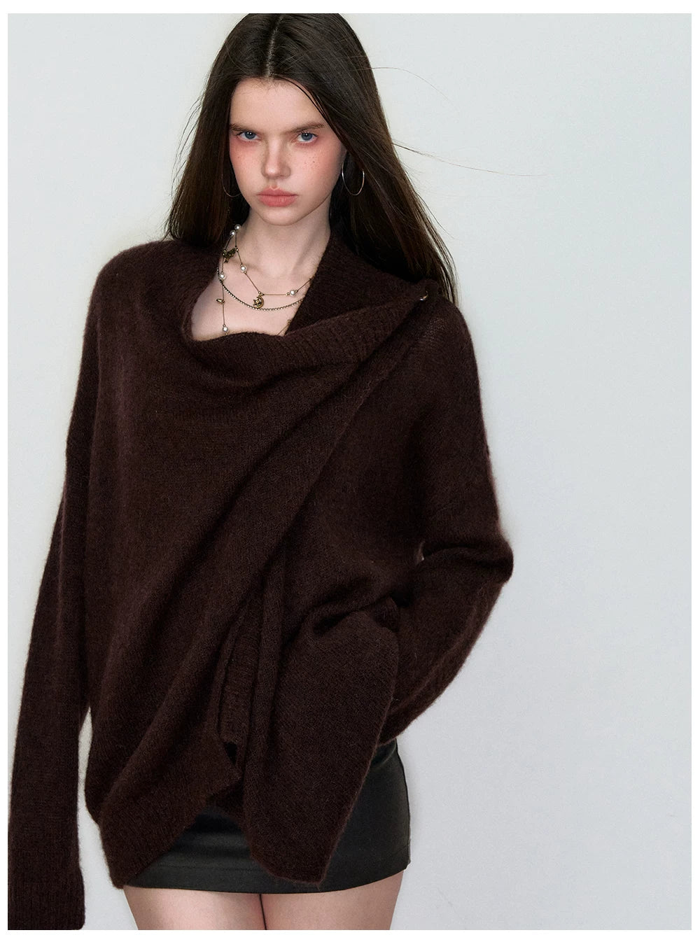 Shawl-Style Asymmetric Wool Knit Sweater