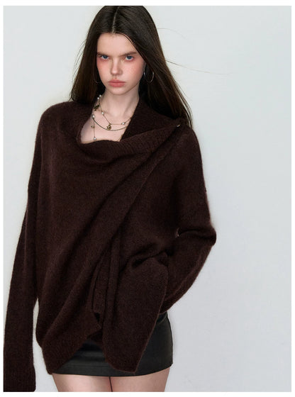 Shawl-Style Asymmetric Wool Knit Sweater
