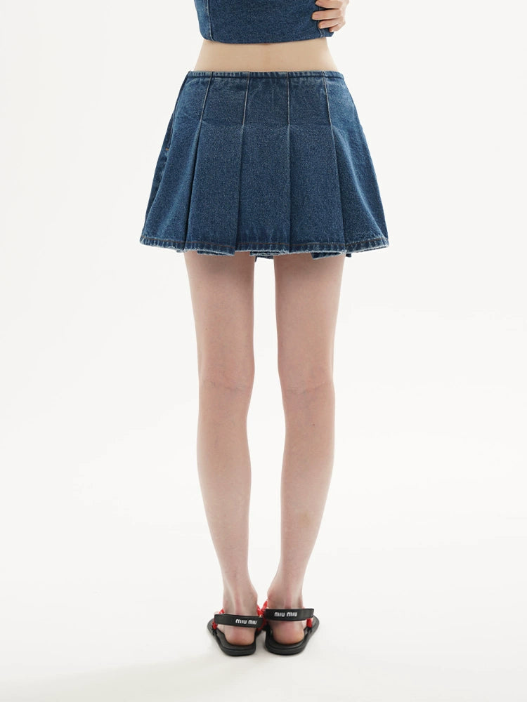 Dark Blue &amp; Light Blue Denim Pleated Skirt - CHINASQUAD