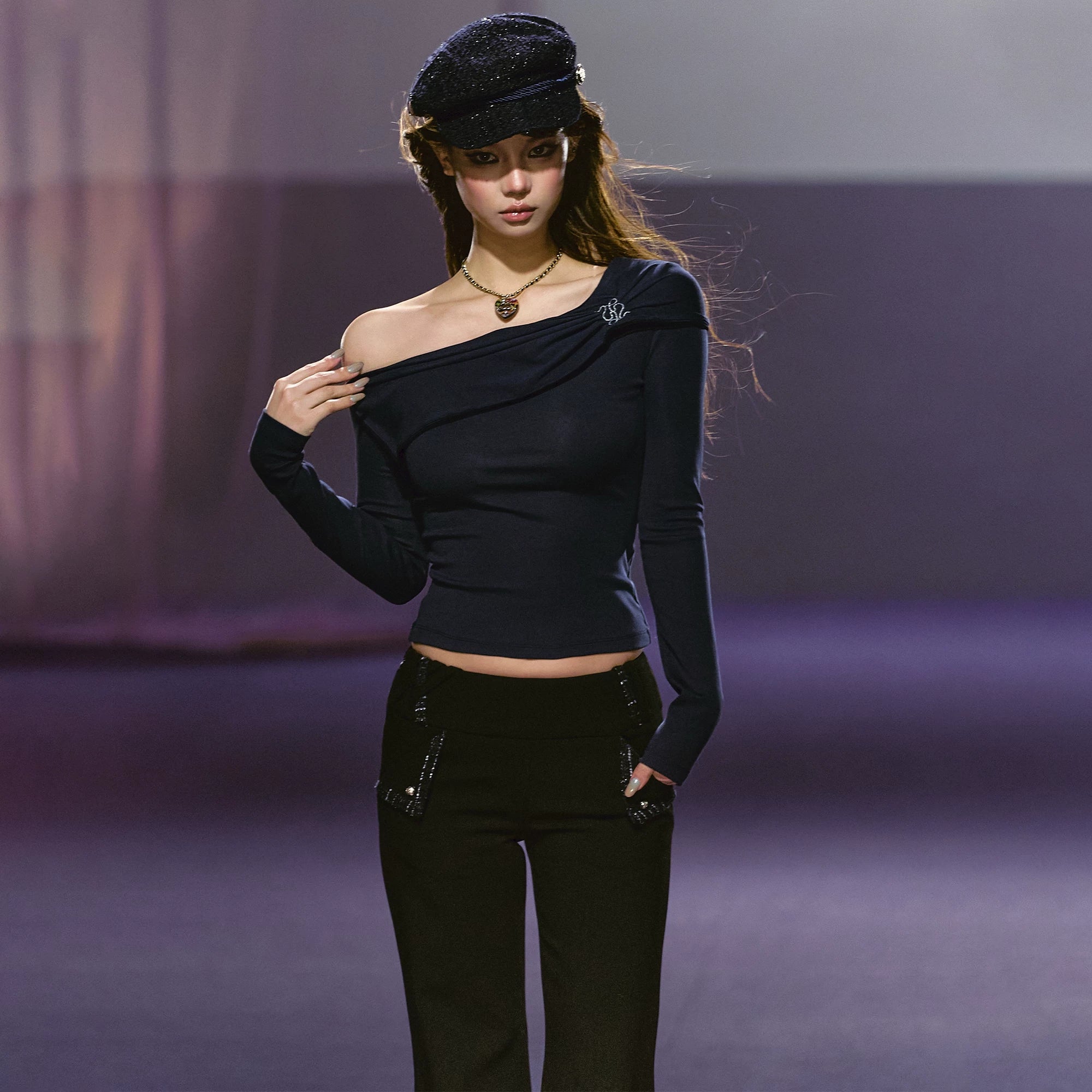 Asymmetric Ruched Embroidered Off-Shoulder Top