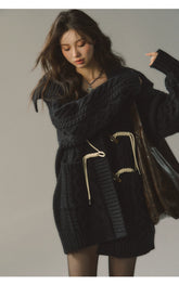 Khaki & Black Horn Button Knit Cardigan - CHINASQUAD