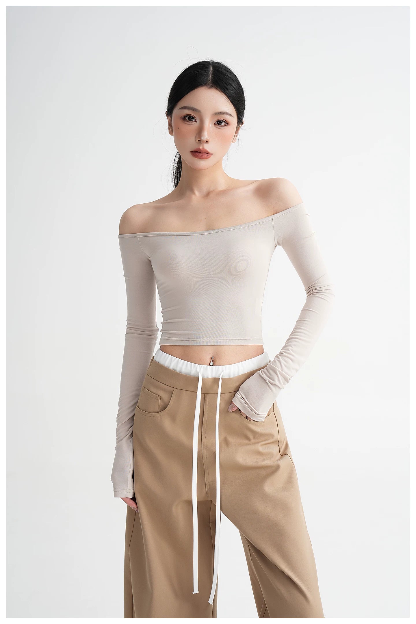 Off-Shoulder Cropped Fitted Long Sleeve T-Shirt