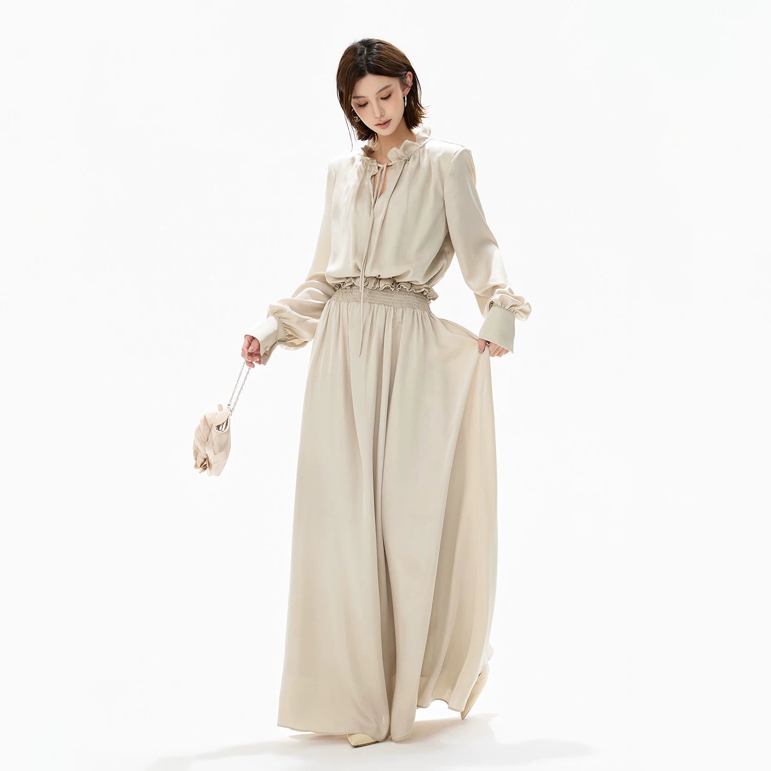 Elegant Ruffled Collar Satin Maxi Dress