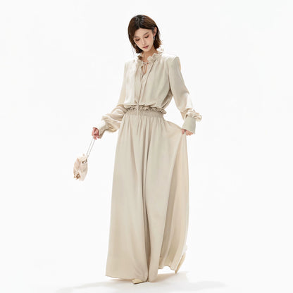 Elegant Ruffled Collar Satin Maxi Dress