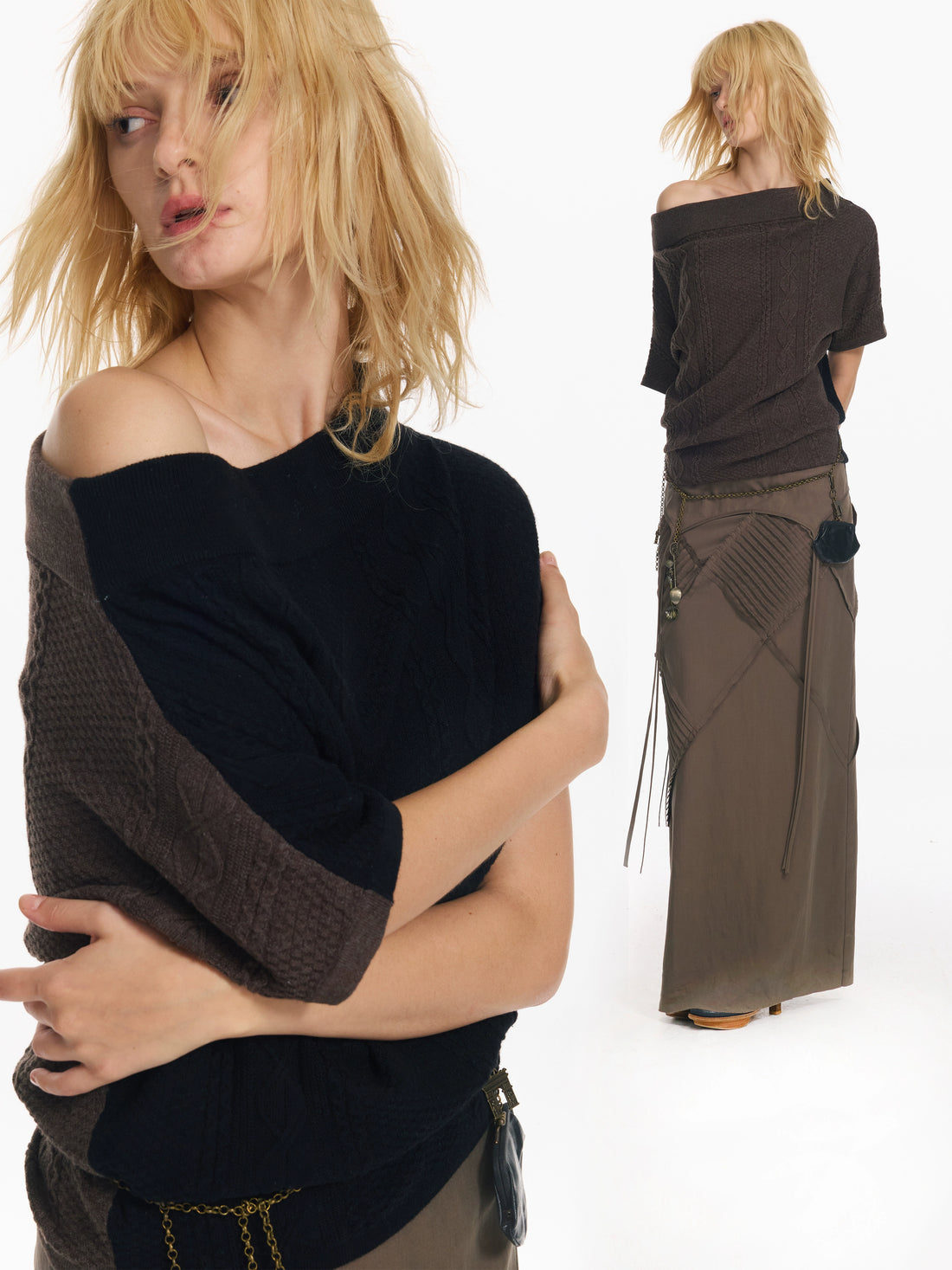 Diagonal Bat-Sleeve Knit Crewneck