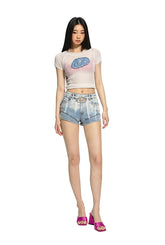 Gradient Floral Elastic Skinny Denim Shorts - CHINASQUAD