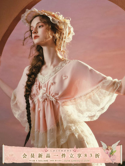 Peach Blossom Fan – French Lace V-Neck Blouse